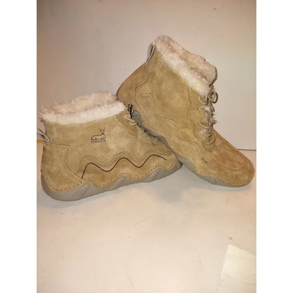 DBECK Tan Suede Fur Lined Ankle Boots Women Lace Up Winter Warm Shoes, Workwear